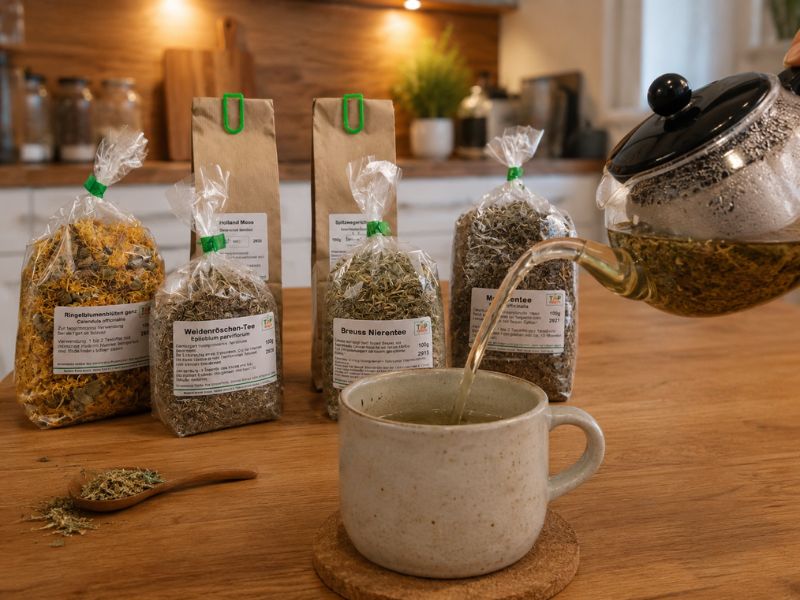 Breuss Tee Set in Küche Tee wird zubereitet