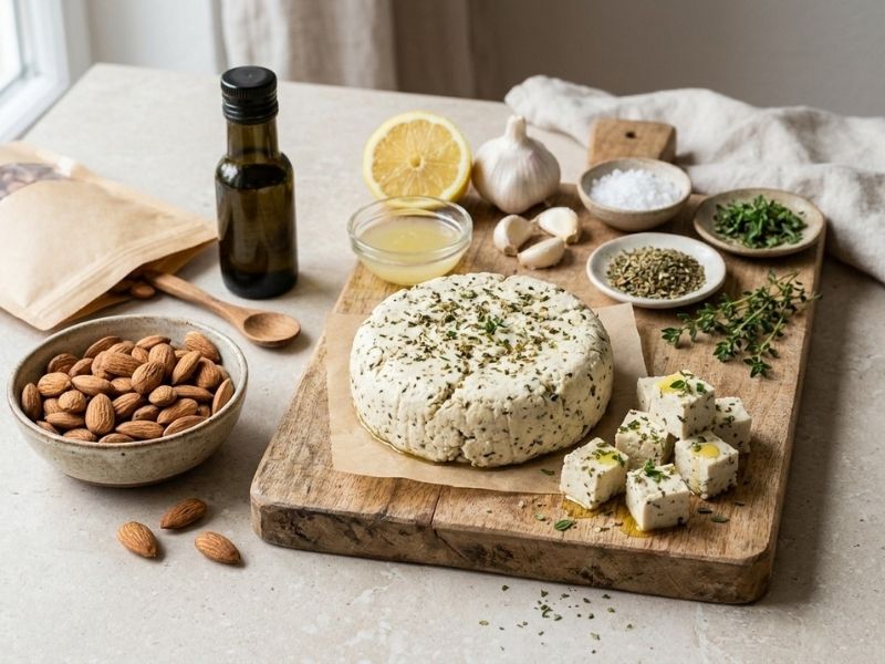 Veganer Feta aus Mandeln naturbelassen auf einem Holzbrett