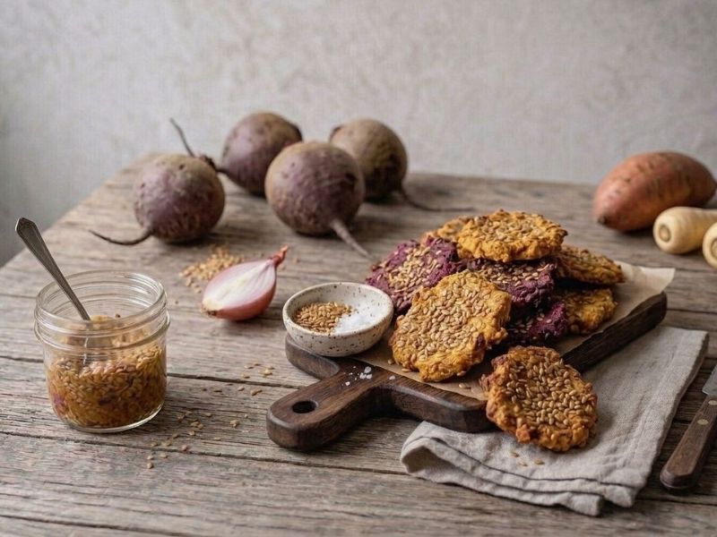Gemüsecracker mit gelber Leinsamen auf einem Holzbrett