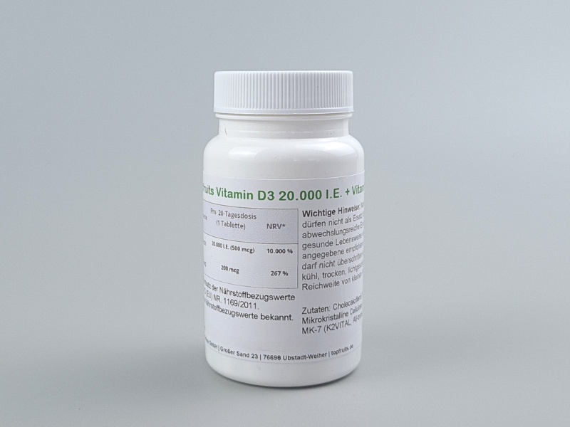 Vitamin D3 20.000 I.E. + Vitamin K2 200 mcg - 180 Tabletten, vegetarisch, Depot-Wirkung