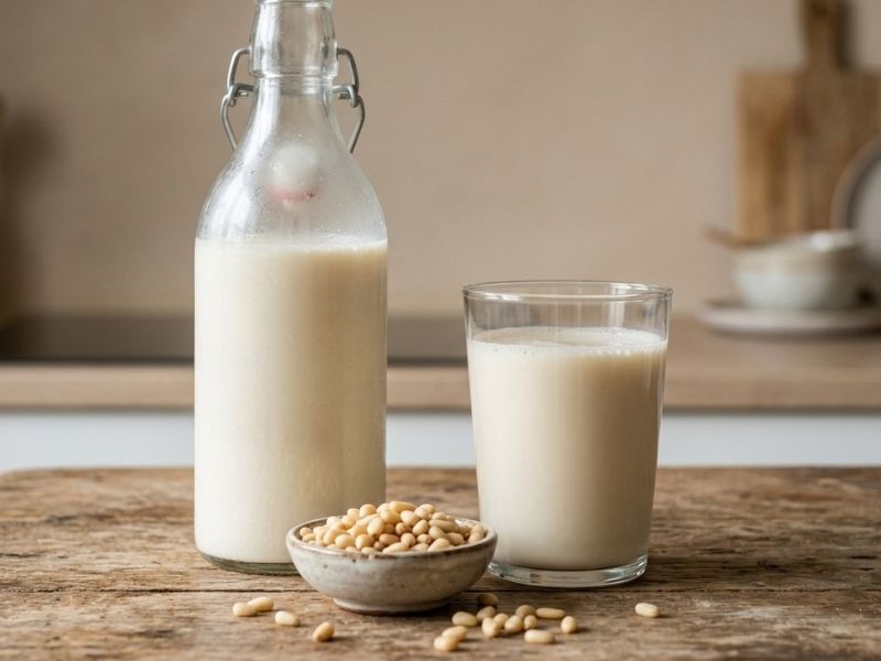 selbstgemachte Zedernussmilch aus Zedernusskernen Bio in einem Glas und einer Flasche