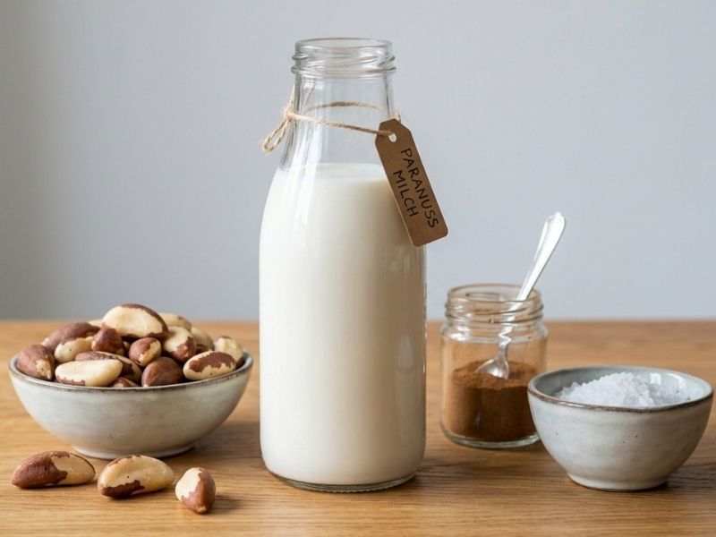 Bio Paranüsse Nussmilch in einer Glasflasche mit Zutaten