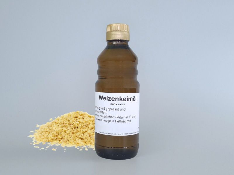 Weizenkeimöl, kaltgepresst, naturbelassen, natürlich hoher Vitamin E Gehalt, Vegan