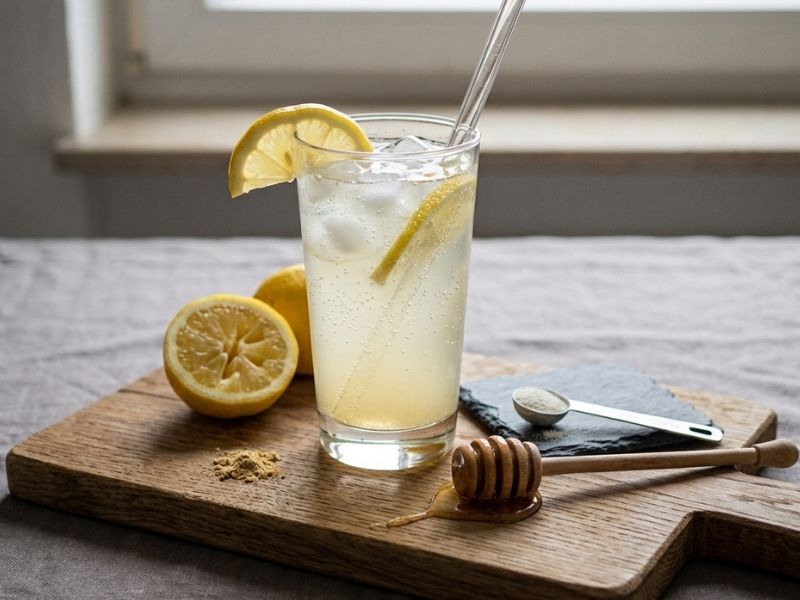 Zitronendrink mit L Carnitin Pulver auf einem Holzbrett