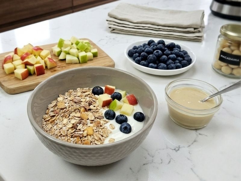 Macadamiamus mit Müsli in einer Schale und Früchten
