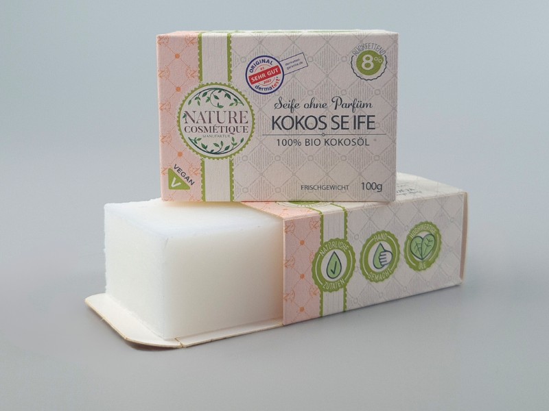Kokosölseife naturrein, 100% Kokosöl, 8% rückfettend, kaltgerührt, vegan