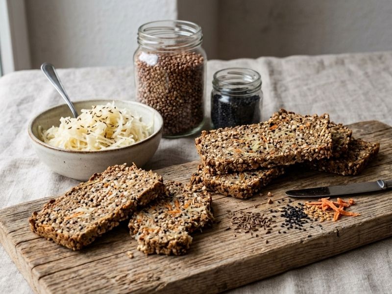 Rohes Sauerkraut-Rohkost-Brot aufgeschnitten auf einem Holzbrett