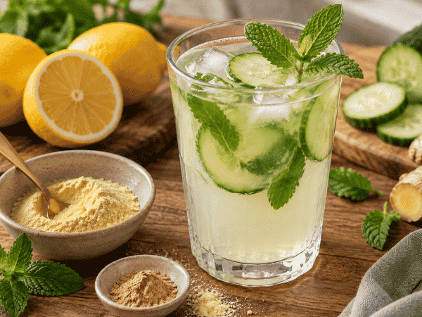 Erfrischungsgetränk mit Ingwer- und Zitronensaft Pulver