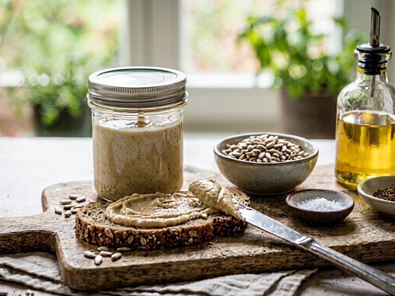 Bio Sonnenblumenkerne Mus im Glas und auf Brot