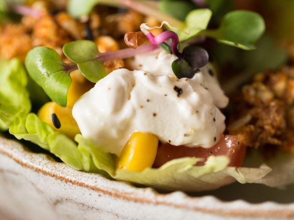 Rohe Salat Tacos mit Radieschensprossen, Cashew-Dressing und Nuss-Mischung
