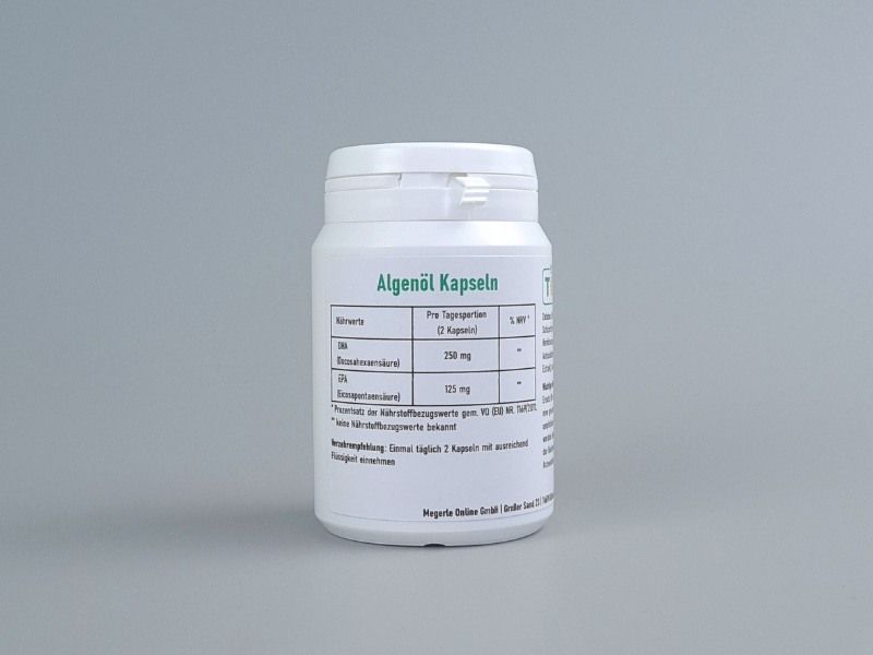 Omega-3 Algenöl Kapseln, 120 Stück, mit 125mg DHA und 62,6mg EPA pro Kapsel