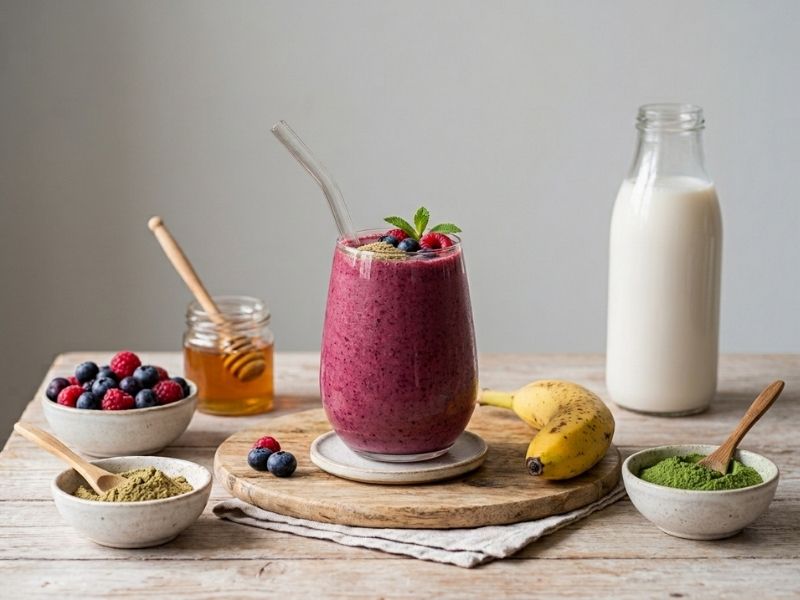 Amla Pulver Bananen-Beeren-Smoothie in einem Glas mit Zutaten