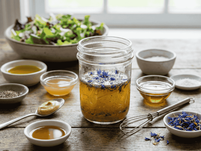 Kornblumenbluetenblaetter Vinaigrette im Schraubglas auf dem Tisch