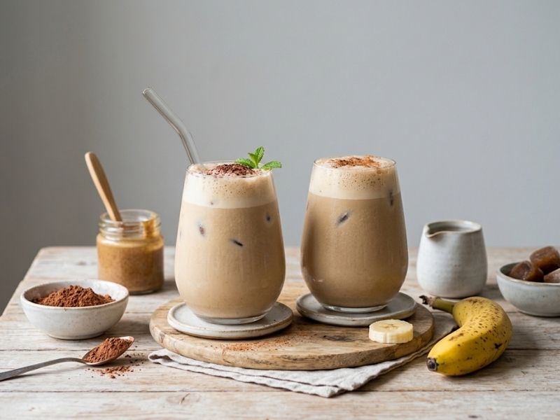 Bio Lupinenkaffee Bananen Milch in zwei Gläsern mit Zutaten
