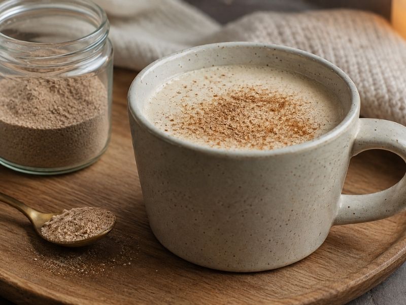 Moon Milk mit Aswagandha auf einem Holztablett
