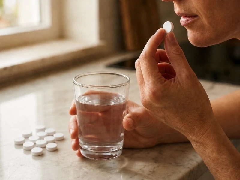 B12 Methylcobalamin Tabletten einnehmen mit einem Glas Wasser