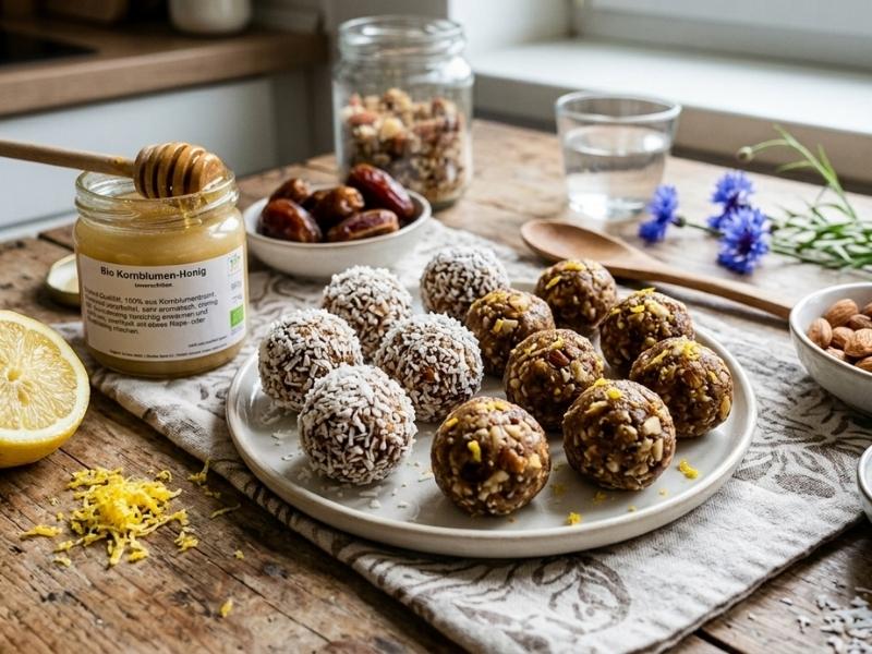 Kornblumenhonig Zitronen Energy-Balls auf einem Teller mit Zutaten