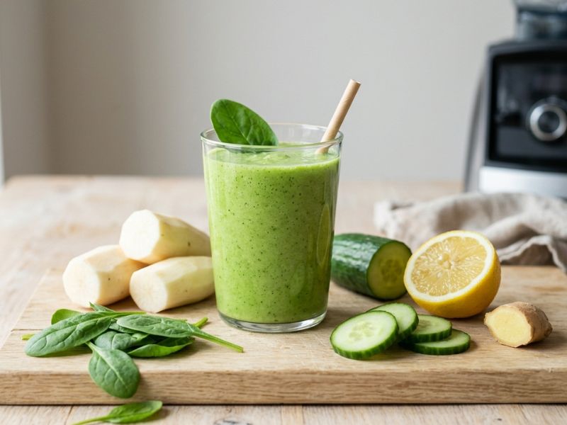 Grüner Yacon Wurzel Smoothie in einem Glas mit Zutaten