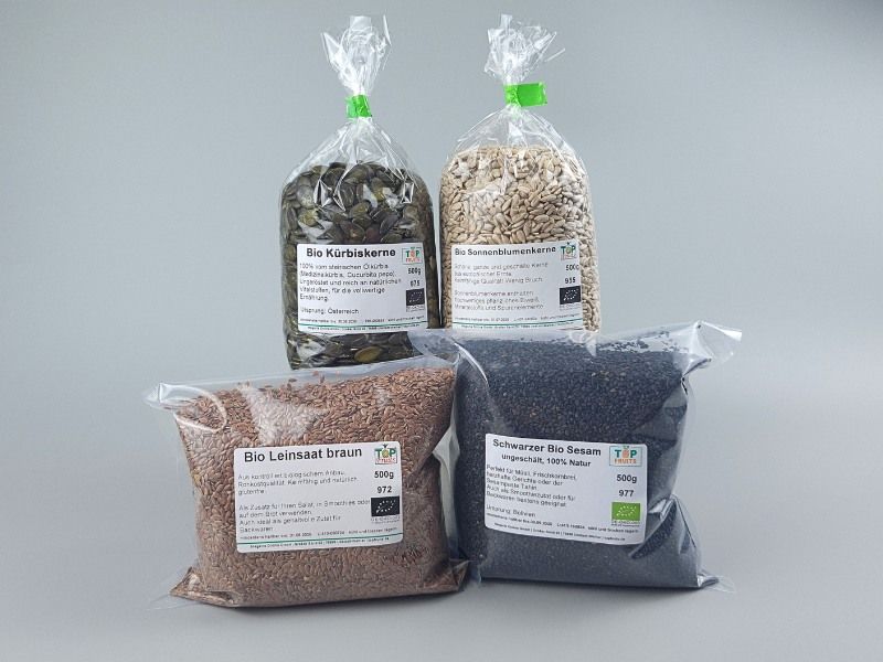 Bio Saaten-Set für Seed Cycling & mehr, mit Kürbis- & Sonnenblumenkernen, Leinsamen und Sesam