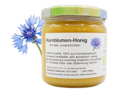 Kornblumenhonig, bio kbA - Bioland - 500g Glas - Sortenreiner Honig unverschnitten, würzig, gehalt