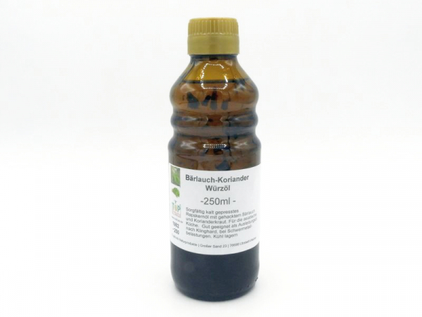 Bärlauch-Koriander Würzöl, kalt gepresst - 250ml - mit gehackten Bärlauch/Korianderkraut