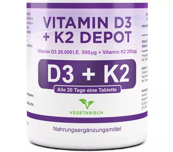 Vitamin D3 20.000 I.E. + Vitamin K2 200 mcg - 180 Tabletten, vegetarisch, Depot-Wirkung
