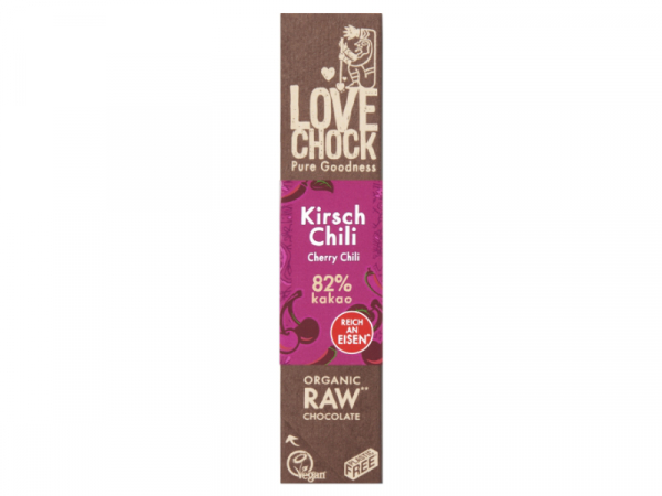Lovechock Kirsch Chili, 40 g Riegel, bio kbA, 82% Kakao, mit Rohkost-Schokolade