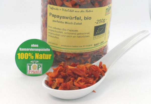 Getrocknete Papaya Würfel, bio, natürliche Kraftpakete fürs Müsli