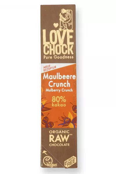 Lovechock - Maulbeere-Crunch- 40g Riegel - bio kbA, 80 % Kakao, mit Rohkost-Schokolade