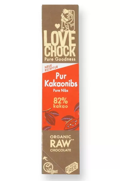 Lovechock - Pur mit Kakaosplitter - 40g Riegel - bio kbA, 82 % Kakao, mit Rohkost-Schokolade